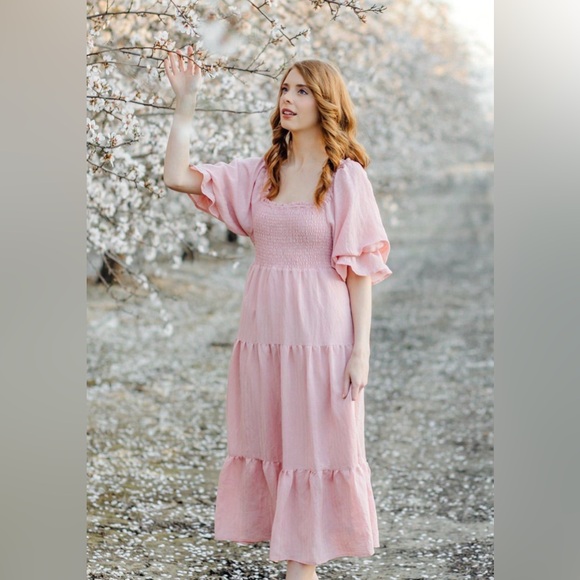 Morning Lavender PAIGE PUFF SLEEVE TIERED MIDI Dress Size S - Picture 4 of 10